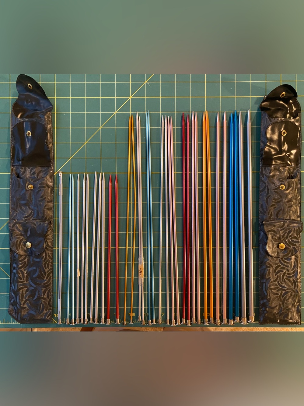 17 Pair Knitting Needles, in Needle Cases. Aluminum. 10”Length & 14”Length